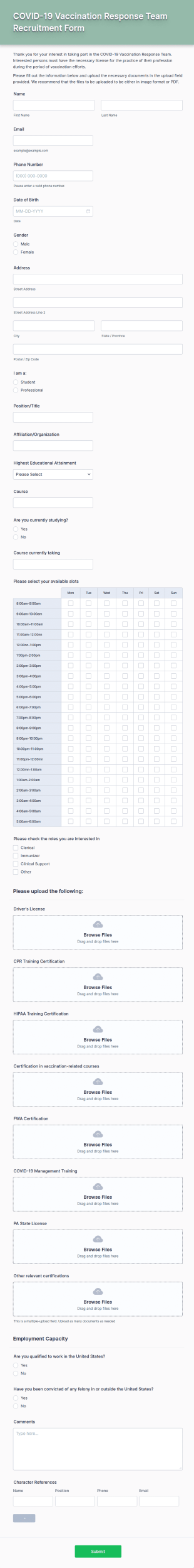 COVID 19 Vaccination Response Team Recruitment Form Template