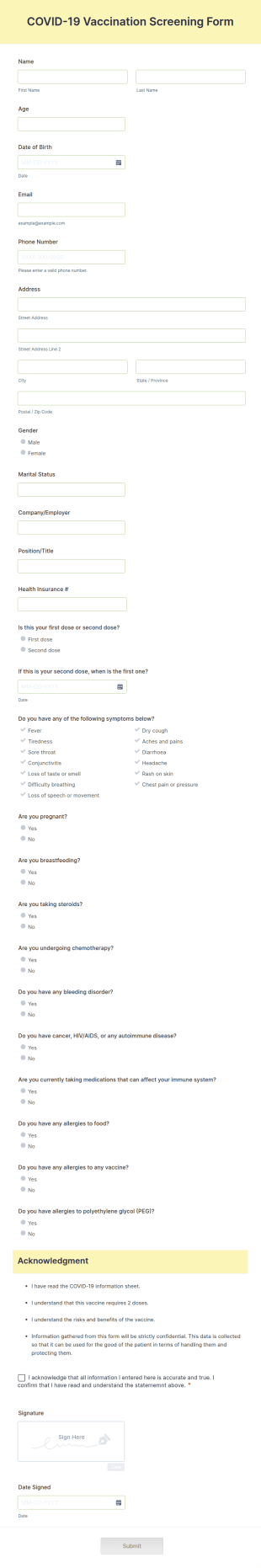 COVID 19 Vaccination Screening Form Template