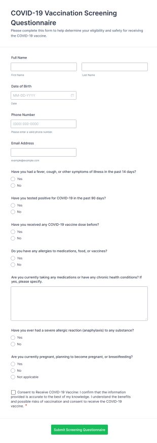 COVID 19 Vaccination Screening Questionnaire Form Template
