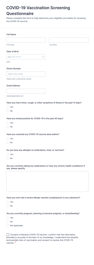COVID 19 Vaccination Screening Questionnaire Form Template