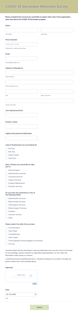 COVID 19 Vaccinator Retention Survey Form Template