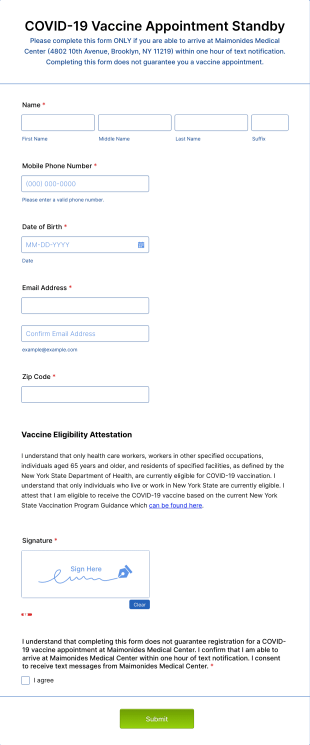 COVID 19 Vaccine Appointment Standby List Form Template
