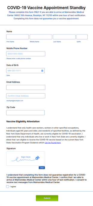 COVID 19 Vaccine Appointment Standby List Form Template