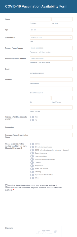 COVID 19 Vaccine Availability Form Template