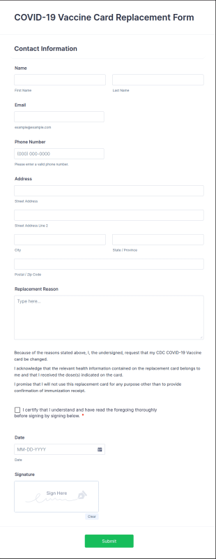 COVID 19 Vaccine Card Replacement Form Template