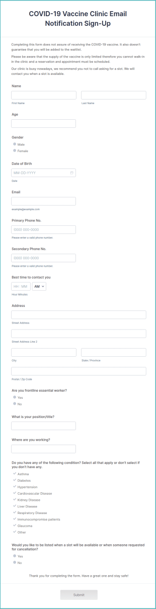 COVID 19 Vaccine Clinic Email Notification Sign Up Form Template