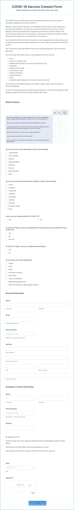 COVID 19 Vaccine Consent Form Template