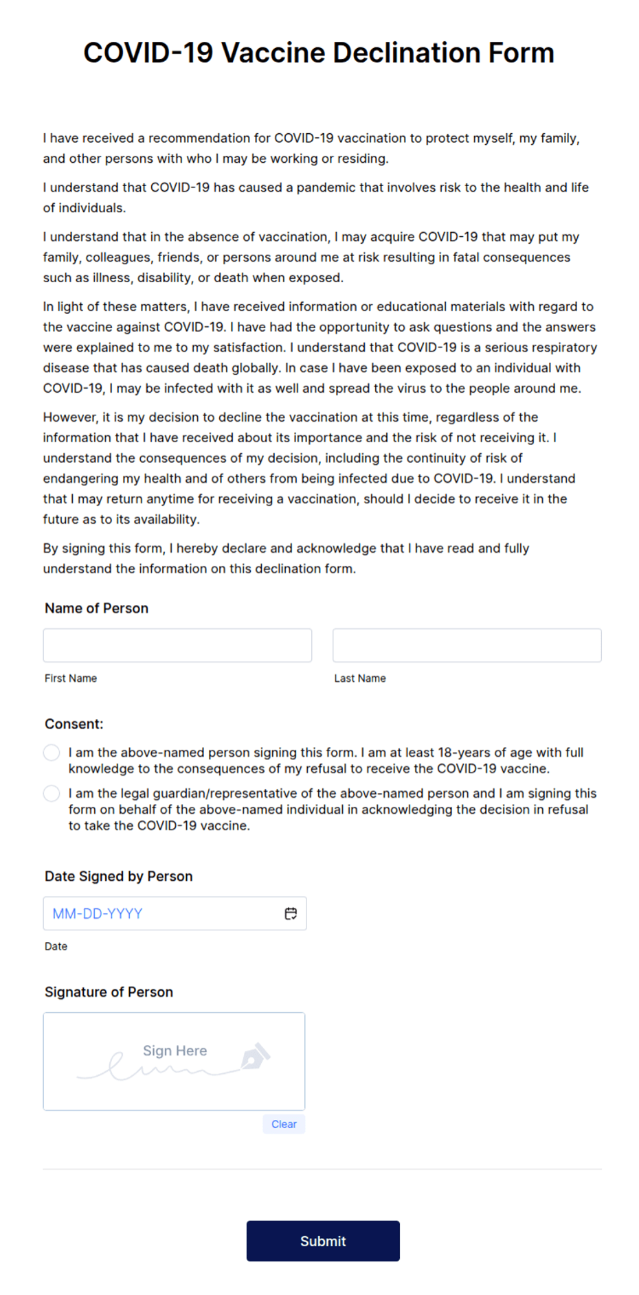 COVID19 Vaccine Declination Form Template Jotform