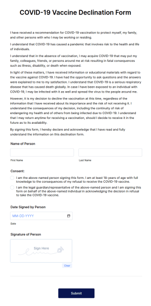 COVID 19 Vaccine Declination Form Template