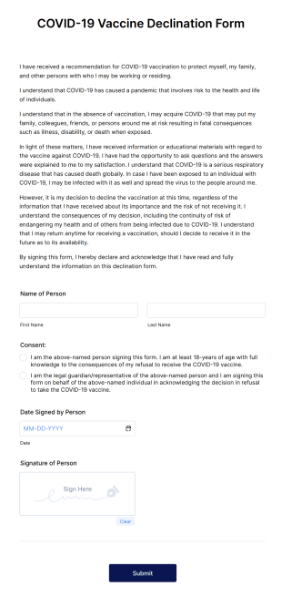 COVID 19 Vaccine Declination Form Template