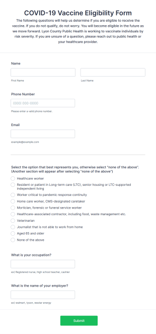 COVID 19 Vaccine Eligibility Form (Lyon County, Kansas)