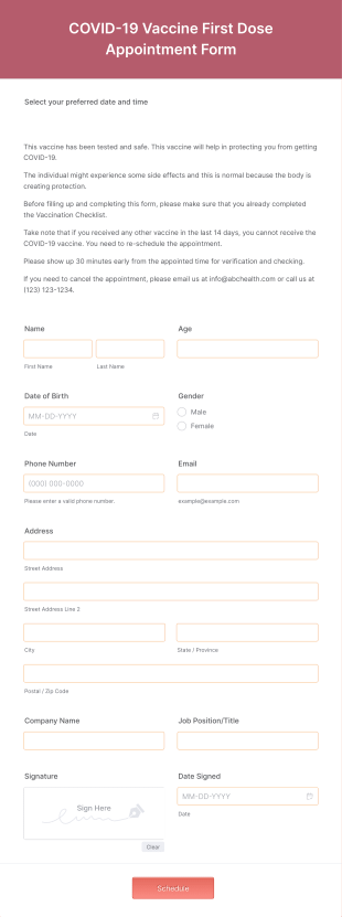 COVID 19 Vaccine First Dose Appointment Form Template