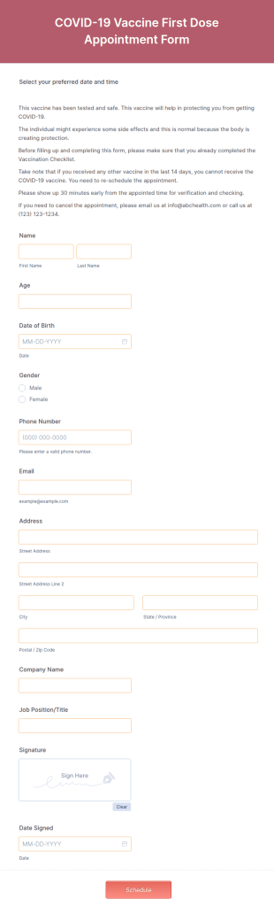 COVID 19 Vaccine First Dose Appointment Form Template