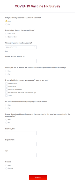 COVID 19 Vaccine HR Survey Form Template