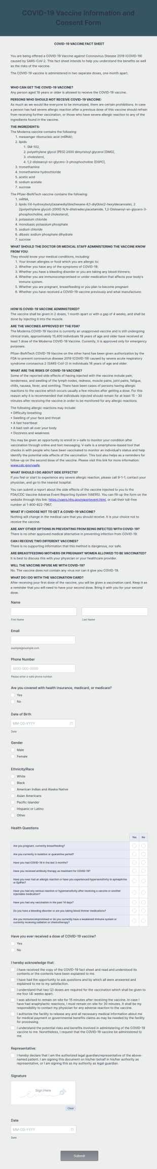 COVID 19 Vaccine Information And Consent Form Template