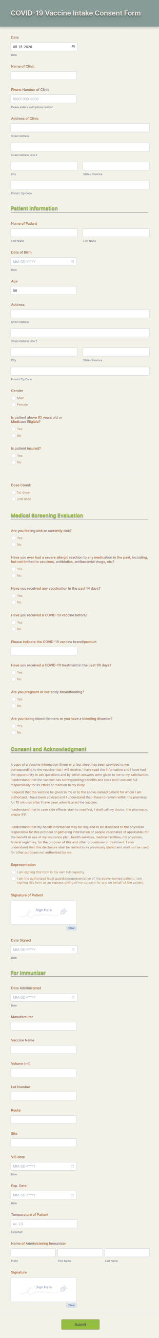 COVID 19 Vaccine Intake Consent Form Template