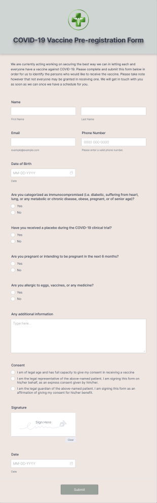 COVID 19 Vaccine Pre Registration Form Template