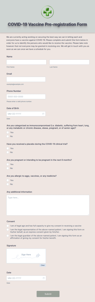 COVID 19 Vaccine Pre Registration Form Template