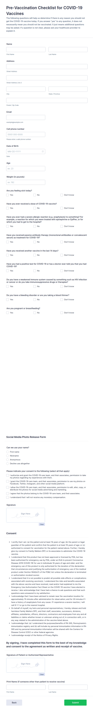 COVID 19 Vaccine Pre Screening Form Template