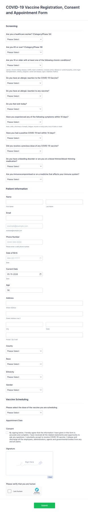 COVID 19 Vaccine Registration, Consent And Appointment Form Template