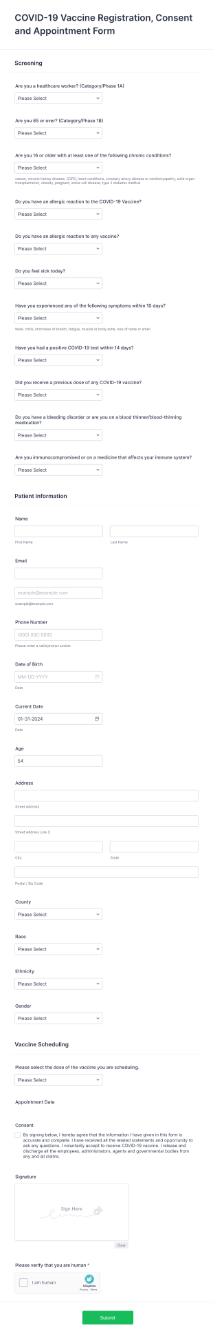 COVID 19 Vaccine Registration, Consent And Appointment Form Template