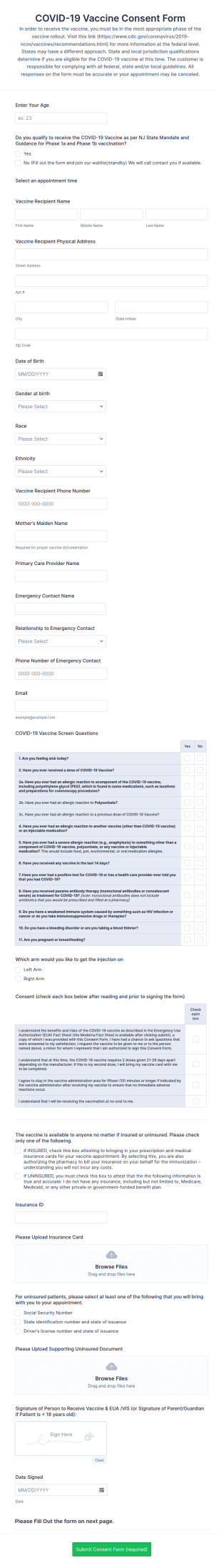 COVID 19 Vaccine Screening Form Template
