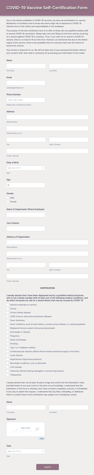 COVID 19 Vaccine Self Certification Form Template