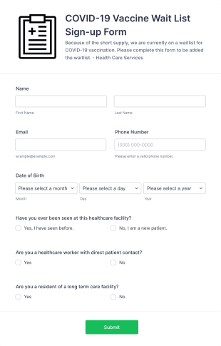 COVID 19 Vaccine Wait List Sign Up Form Template