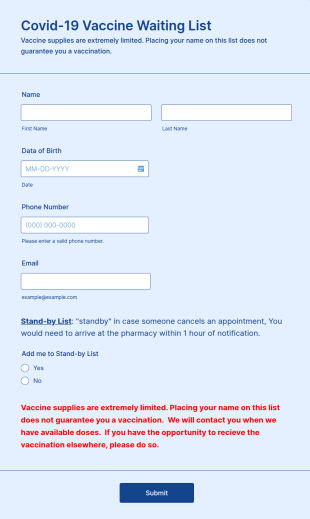Covid 19 Vaccine Waiting List Form Template