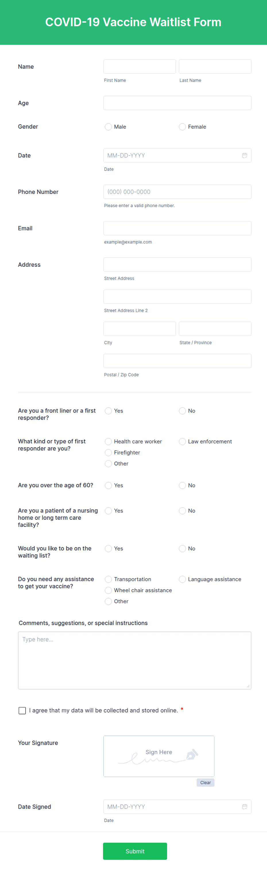 COVID-19 Vaccine Waitlist Form Template | Jotform