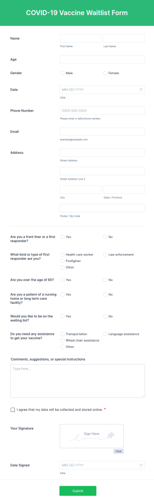 COVID 19 Vaccine Waitlist Form Template