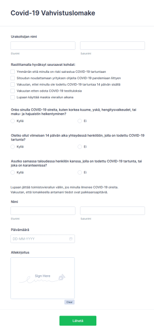 Covid 19 Vahvistuslomake