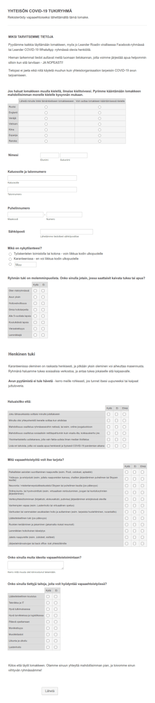 Covid 19 Vapaaehtoisten Rekisteröintilomake