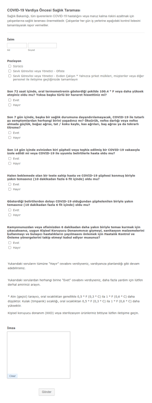 COVID 19 Vardiya Öncesi Sağlık Taraması Form Şablonu