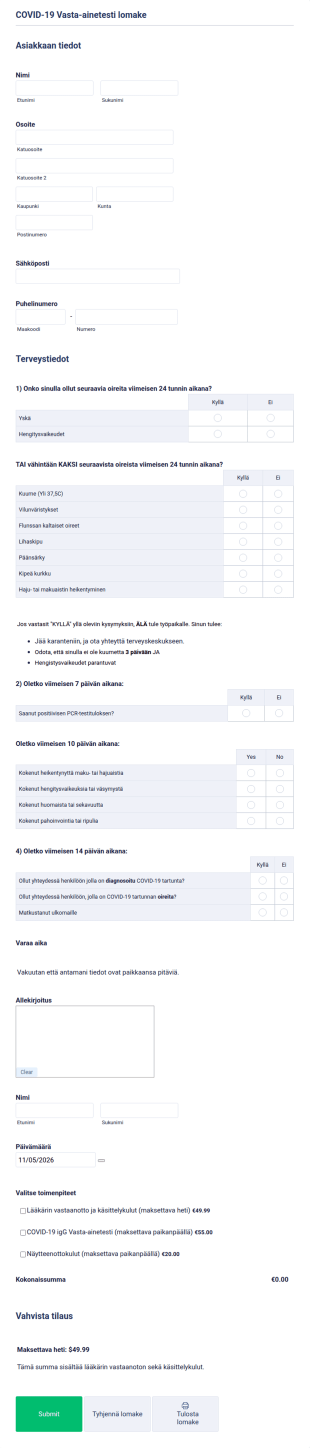COVID 19 Vasta Ainetesti Lomake