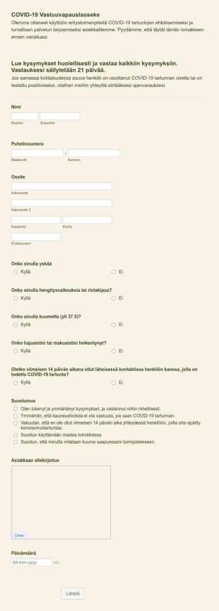 COVID 19 Vastuuvapauslauseke