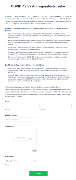 COVID 19 Vastuuvapautuslauseke