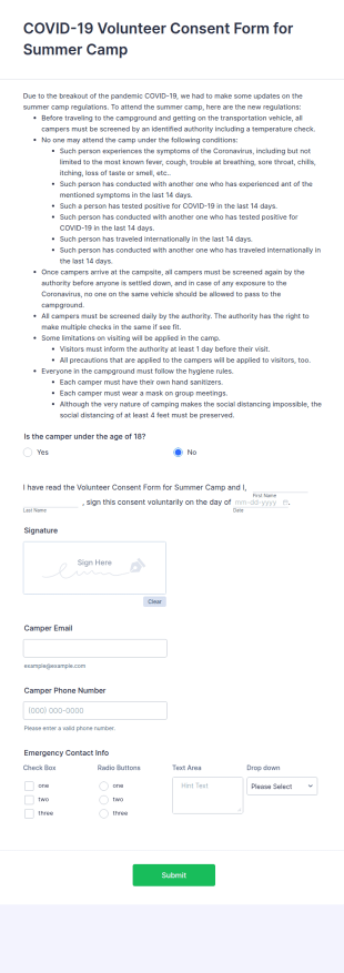 COVID 19 Volunteer Consent Form For Summer Camp
