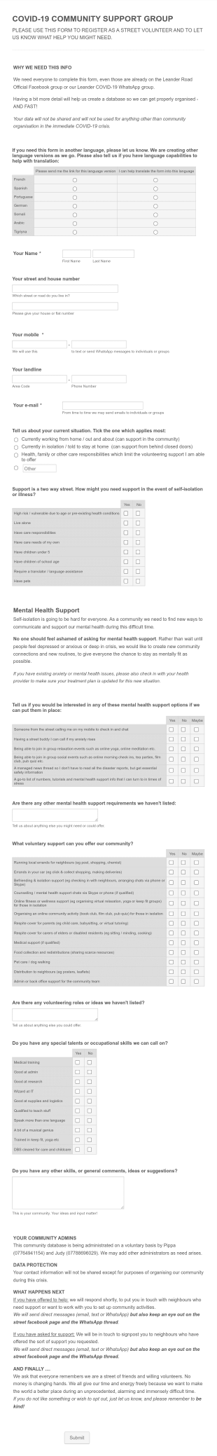 Covid 19 Volunteer Registration Form Template