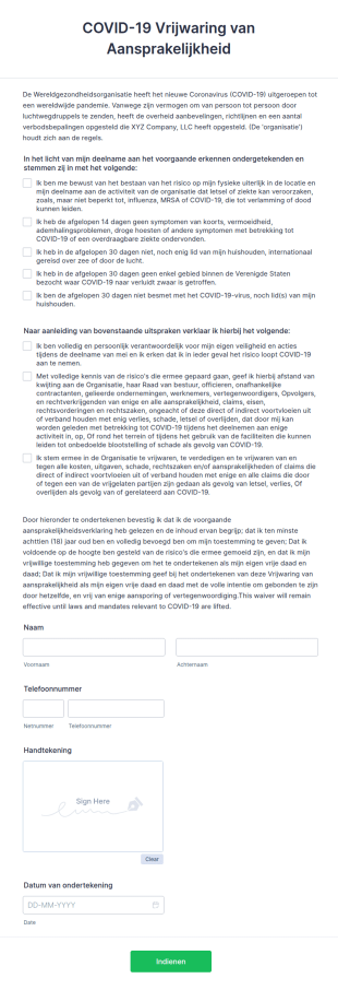 COVID 19 Vrijwaring Van Aansprakelijkheid