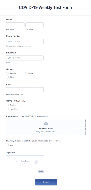 COVID 19 Weekly Test Form Template