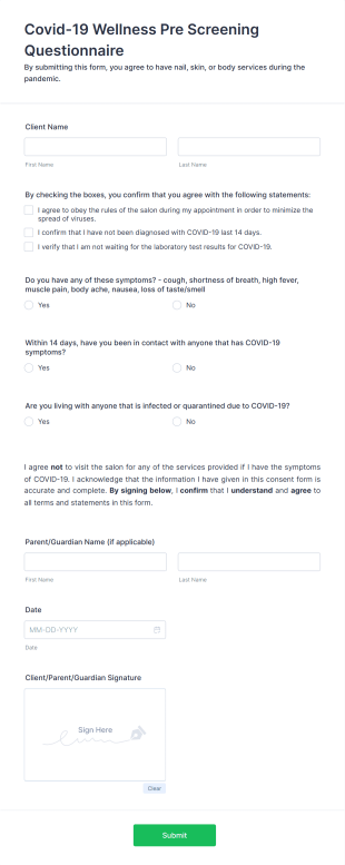 Covid 19 Wellness Pre Screening Questionnaire Form Template