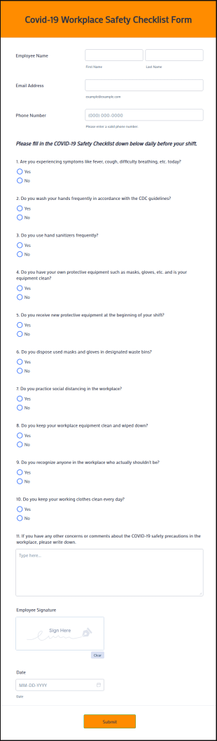 Covid 19 Workplace Safety Checklist Form Template