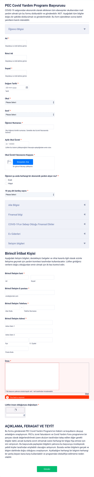 COVID 19 Yardım Bursu Başvuru Form Template