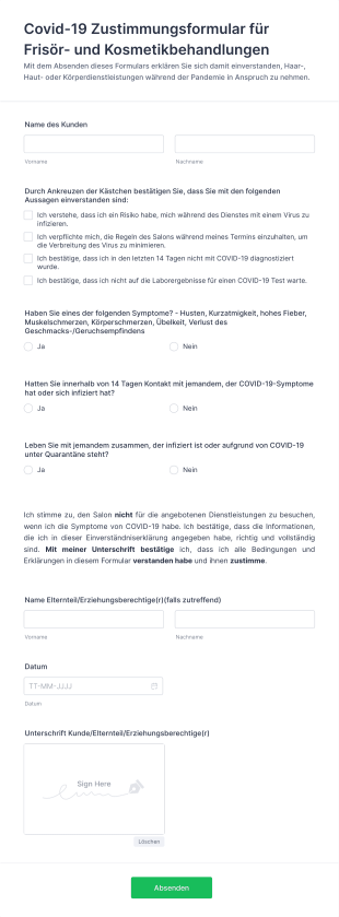 Covid 19 Zustimmungsformular Für Frisör Und Kosmetikbehandlungen Form Template