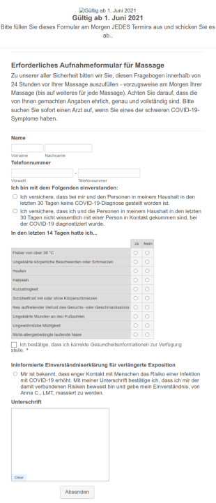 COVID 19 Aufnahmeformular Für Massagetherapie