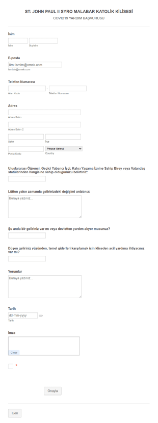 COVID 19 Yardım Başvurusu Form Şablonu