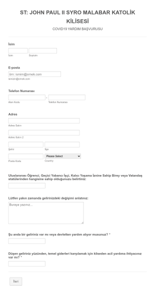 COVID 19 Yardım Başvurusu Form Şablonu