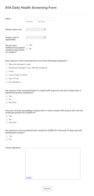 COVID Daily Health Screening Form For School Form Template