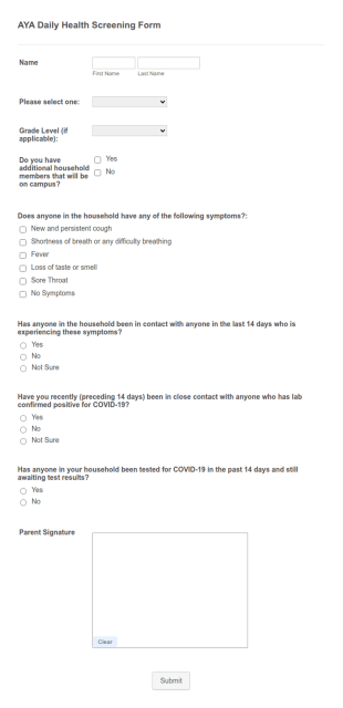 COVID Daily Health Screening Form For School
